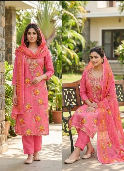 Unbeatable Pink Lilan Cotton Dress Material with Printed Dupatta for Celebrations Punjabi Dress Materials Wholesale