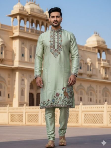 Unbeatable Pista Men s Soft Silk Kurta with Multi Colour Embroidery and Polo Pant 