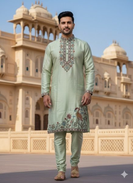 Unbeatable Pista Men s Soft Silk Kurta with Multi Colour Embroidery and Polo Pant Kurta Pajama Wholesale