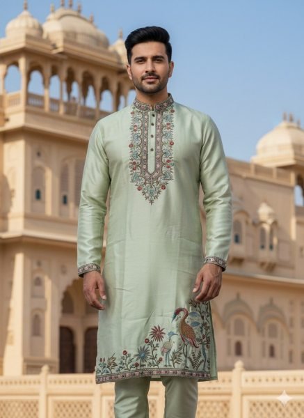 Unbeatable Pista Men s Soft Silk Kurta with Multi Colour Embroidery and Polo Pant Kurta Pajama Wholesale