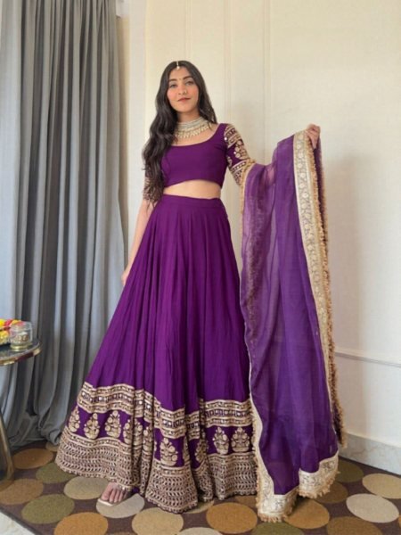 Unbeatable Purple Georgette Bridal Lehenga with Embroidery and Lace Border Dupatta 