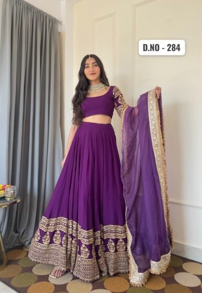 Unbeatable Purple Georgette Bridal Lehenga with Embroidery and Lace Border Dupatta Designer Lehenga Choli