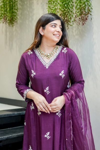 Unbeatable Purple Muslin Kurti Pant Dupatta Set with Embroidery Work Anarkali Kurtis 