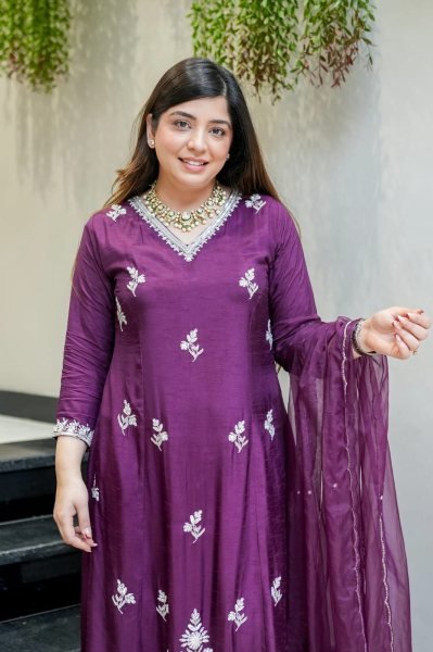 Unbeatable Purple Muslin Kurti Pant Dupatta Set with Embroidery Work Anarkali Kurtis 