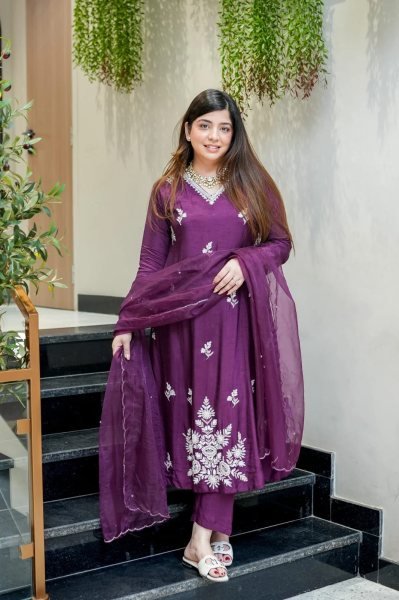 Unbeatable Purple Muslin Kurti Pant Dupatta Set with Embroidery Work Anarkali Kurtis 
