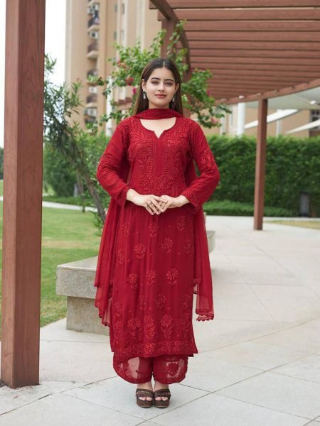 Unbeatable Red Heavy Embroidery Faux Georgette Palazzo Suit with Designer Dupatta for Festive Wear 