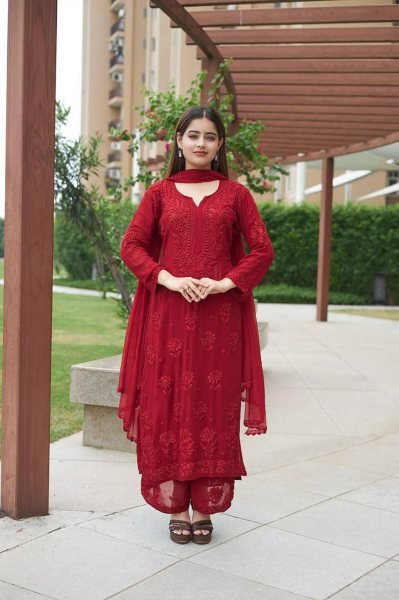 Unbeatable Red Heavy Embroidery Faux Georgette Palazzo Suit with Designer Dupatta for Festive Wear Ready To Wear Collection