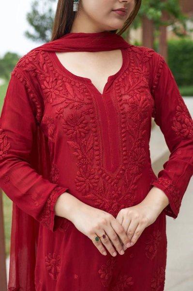 Unbeatable Red Heavy Embroidery Faux Georgette Palazzo Suit with Designer Dupatta for Festive Wear Ready To Wear Collection