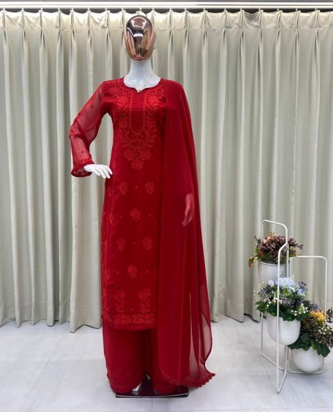 Unbeatable Red Heavy Embroidery Faux Georgette Palazzo Suit with Designer Dupatta for Festive Wear Ready To Wear Collection