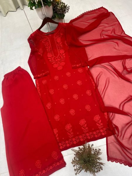Unbeatable Red Heavy Embroidery Faux Georgette Palazzo Suit with Designer Dupatta for Festive Wear Ready To Wear Collection