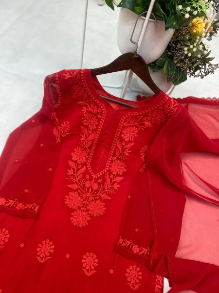 Unbeatable Red Heavy Embroidery Faux Georgette Palazzo Suit with Designer Dupatta for Festive Wear Ready To Wear Collection