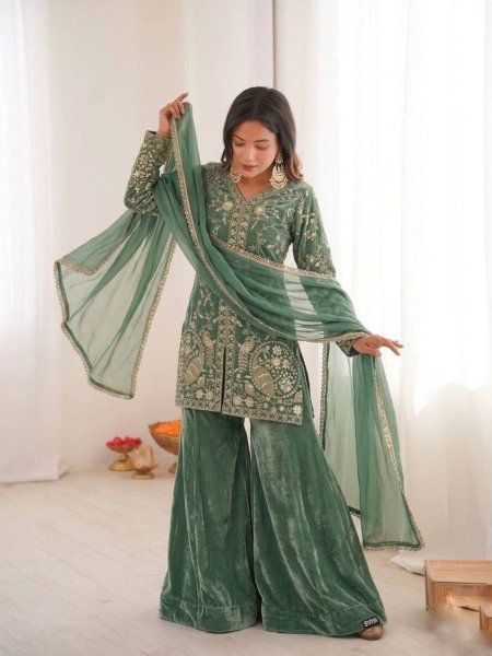 Unbeatable Sea Green Embroidered Fendy Silk Kurti & Palazzo Set with Dupatta Ready To Wear Suit