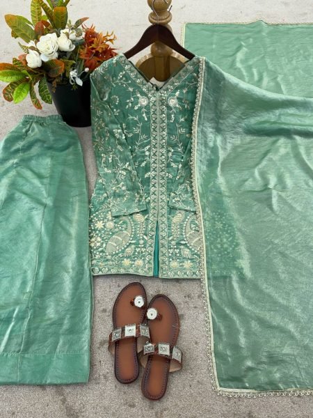 Unbeatable Sea Green Embroidered Fendy Silk Kurti & Palazzo Set with Dupatta Ready To Wear Collection