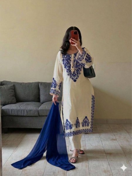 Unbeatable White And Blue Embroidered Roman Silk Pakistani Suit For Festival Wear 