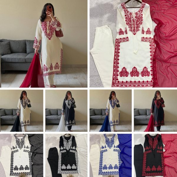 Unbeatable White And Blue Embroidered Roman Silk Pakistani Suit For Festival Wear Ready To Wear Collection