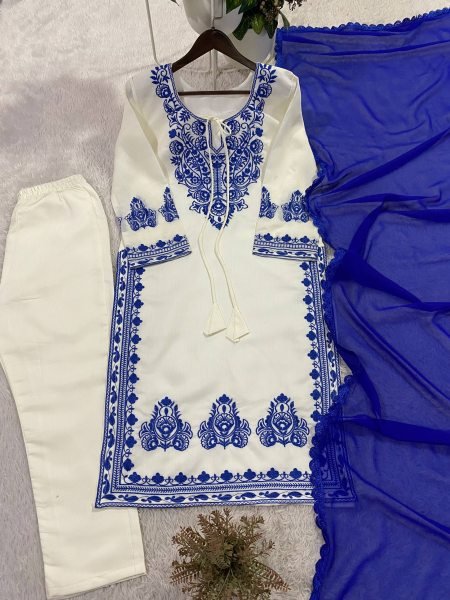 Unbeatable White And Blue Embroidered Roman Silk Pakistani Suit For Festival Wear Ready To Wear Collection
