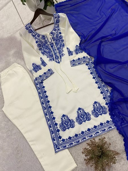 Unbeatable White And Blue Embroidered Roman Silk Pakistani Suit For Festival Wear Ready To Wear Collection