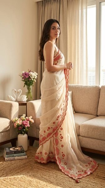 Unbeatable White Durga Puja Special NC Moss Saree with Sequins and Thread Work Embroidery Sarees Wholesale