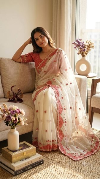 Unbeatable White Durga Puja Special NC Moss Saree with Sequins and Thread Work Embroidery Sarees Wholesale