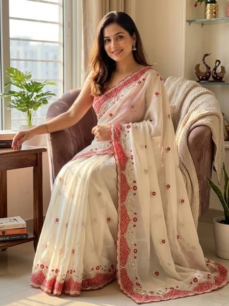 Unbeatable White Durga Puja Special NC Moss Saree with Sequins and Thread Work Embroidery Sarees Wholesale