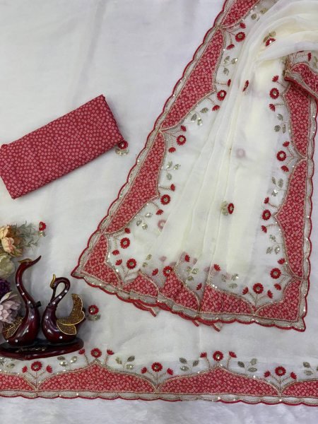 Unbeatable White Durga Puja Special NC Moss Saree with Sequins and Thread Work Embroidery Sarees Wholesale