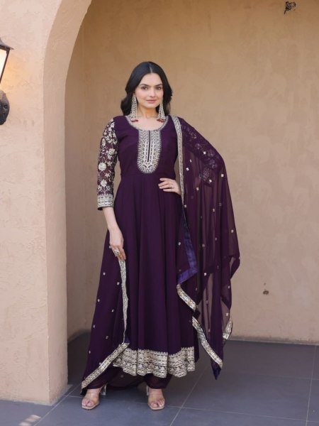Unbeatable Wine Blooming Zari And Squences Work in Gwon set With Designer Lace Border 