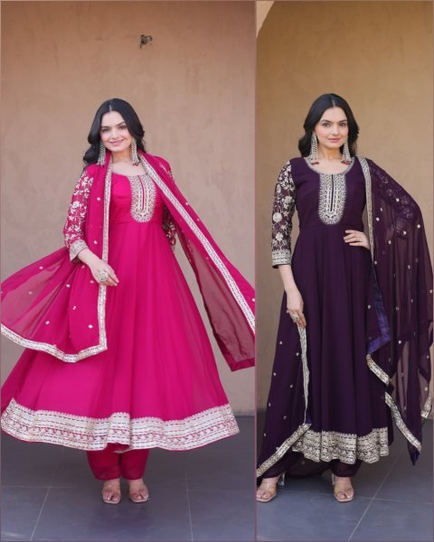 Unbeatable Wine Blooming Zari And Squences Work in Gwon set With Designer Lace Border  Ready To Wear Collection