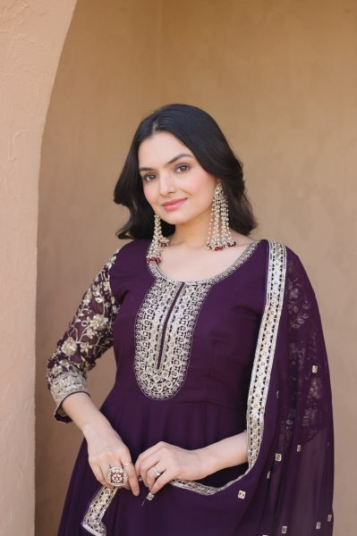 Unbeatable Wine Blooming Zari And Squences Work in Gwon set With Designer Lace Border  Ready To Wear Collection