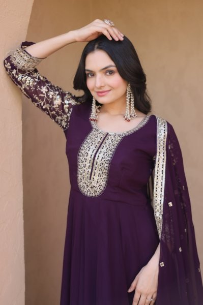 Unbeatable Wine Blooming Zari And Squences Work in Gwon set With Designer Lace Border  Ready To Wear Collection