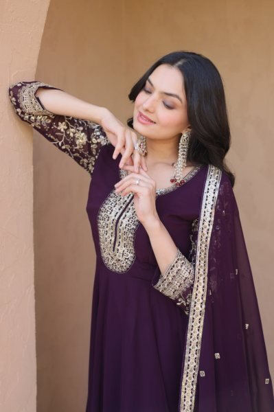 Unbeatable Wine Blooming Zari And Squences Work in Gwon set With Designer Lace Border  Ready To Wear Collection