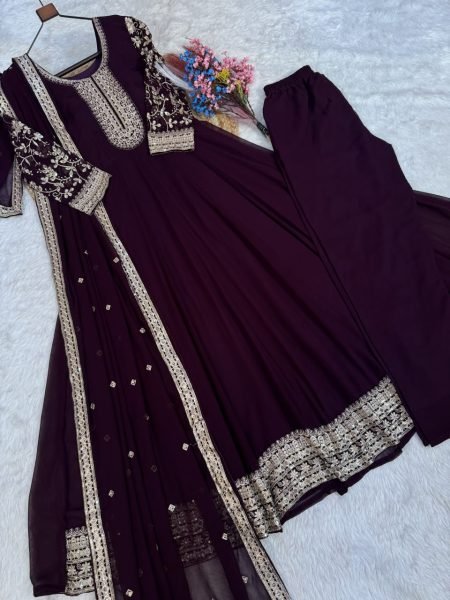 Unbeatable Wine Blooming Zari And Squences Work in Gwon set With Designer Lace Border  Ready To Wear Collection