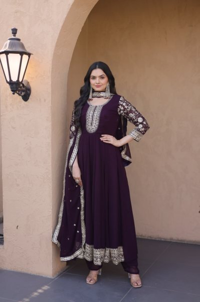 Unbeatable Wine Blooming Zari And Squences Work in Gwon set With Designer Lace Border  Ready To Wear Collection