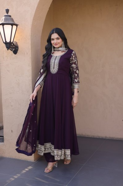 Unbeatable Wine Blooming Zari And Squences Work in Gwon set With Designer Lace Border  Ready To Wear Collection