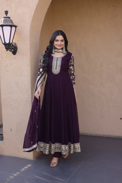 Unbeatable Wine Blooming Zari And Squences Work in Gwon set With Designer Lace Border  Ready To Wear Collection