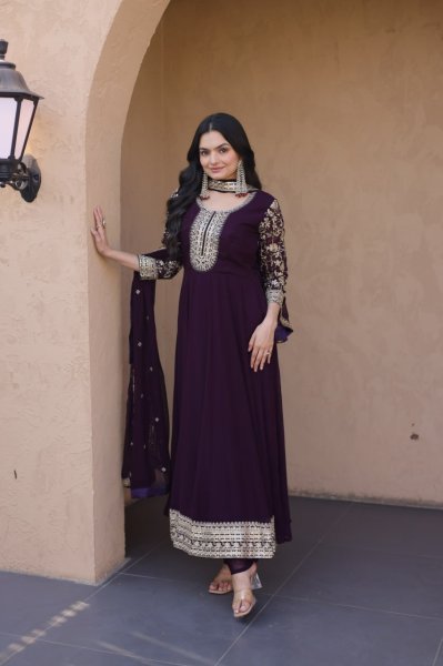 Unbeatable Wine Blooming Zari And Squences Work in Gwon set With Designer Lace Border  Ready To Wear Collection