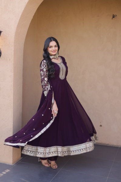Unbeatable Wine Blooming Zari And Squences Work in Gwon set With Designer Lace Border  Ready To Wear Collection