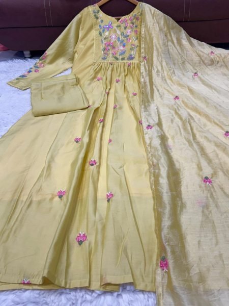 Unbeatable Yellow Chanderi Silk Kurta Pant Dupatta Set for Festive Wear Anarkali Kurtis 