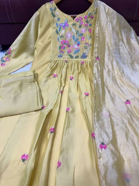 Unbeatable Yellow Chanderi Silk Kurta Pant Dupatta Set for Festive Wear Anarkali Kurtis 