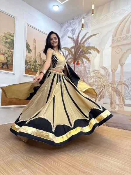 Unique Black Cream Roman Silk Lehenga Choli with Fancy Lace Work and Dupatta  Lehenga