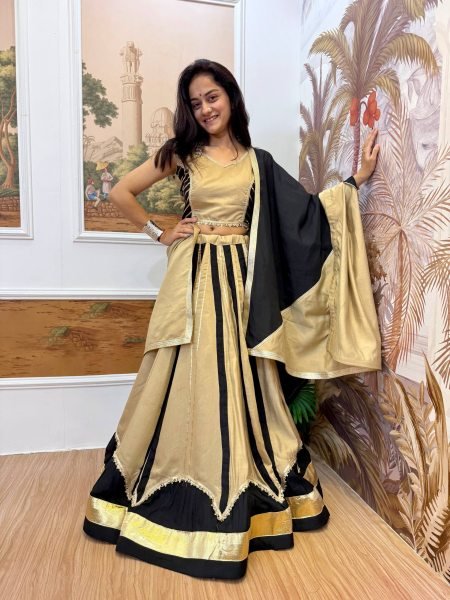 Unique Black Cream Roman Silk Lehenga Choli with Fancy Lace Work and Dupatta Navratri Lehnega Choli