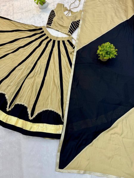 Unique Black Cream Roman Silk Lehenga Choli with Fancy Lace Work and Dupatta Navratri Lehnega Choli