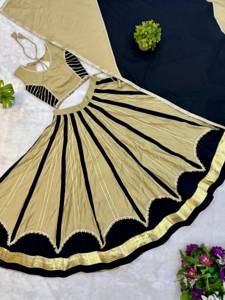Unique Black Cream Roman Silk Lehenga Choli with Fancy Lace Work and Dupatta Navratri Lehnega Choli