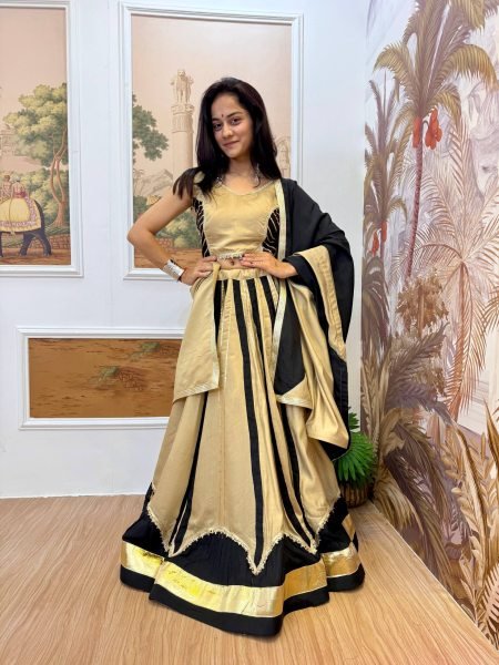 Unique Black Cream Roman Silk Lehenga Choli with Fancy Lace Work and Dupatta Navratri Lehnega Choli