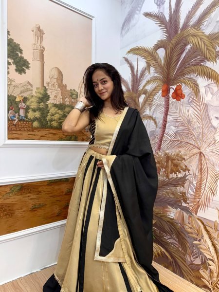 Unique Black Cream Roman Silk Lehenga Choli with Fancy Lace Work and Dupatta Navratri Lehnega Choli