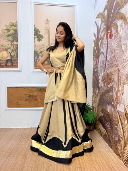 Unique Black Cream Roman Silk Lehenga Choli with Fancy Lace Work and Dupatta Navratri Lehnega Choli
