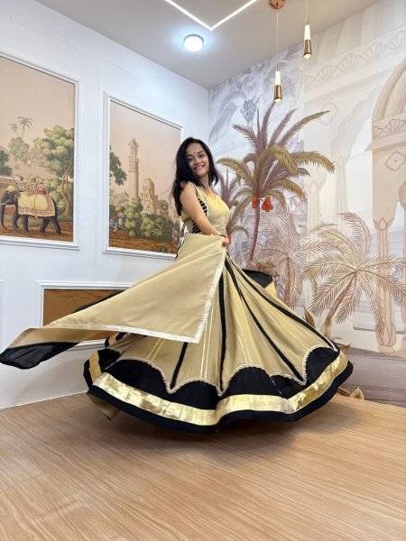 Unique Black Cream Roman Silk Lehenga Choli with Fancy Lace Work and Dupatta Navratri Lehnega Choli