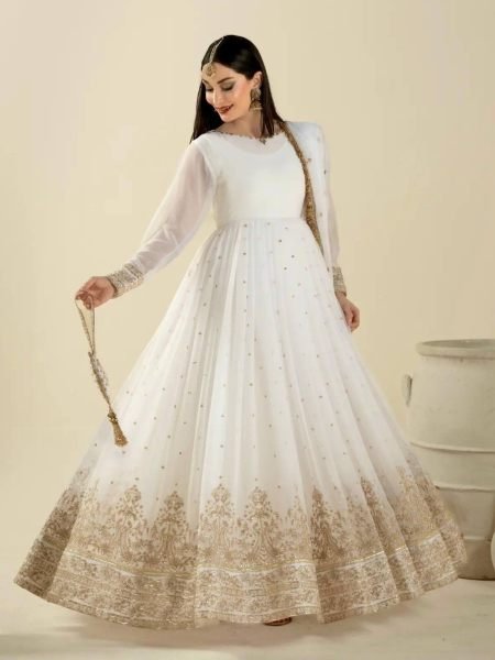 Unique Black Faux Georgette Embroidered Gown with Dupatta and Bottom For Festival 