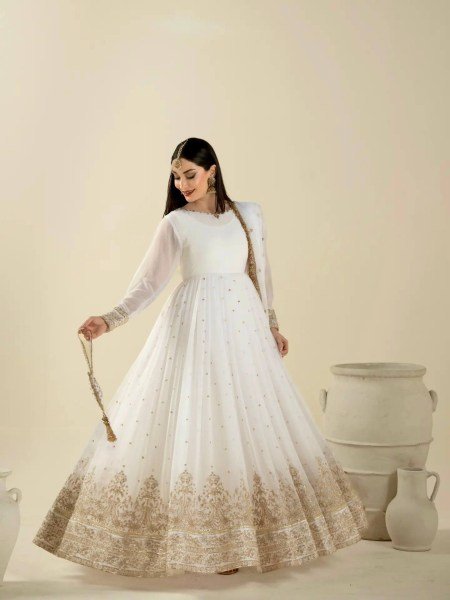 Unique Black Faux Georgette Embroidered Gown with Dupatta and Bottom For Festival Ready To Wear Collection