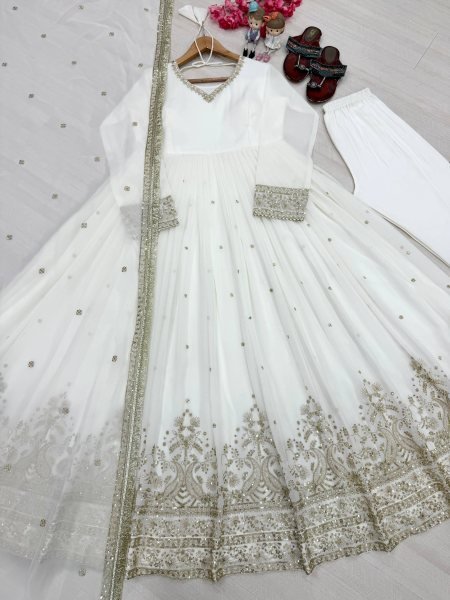 Unique Black Faux Georgette Embroidered Gown with Dupatta and Bottom For Festival Ready To Wear Collection