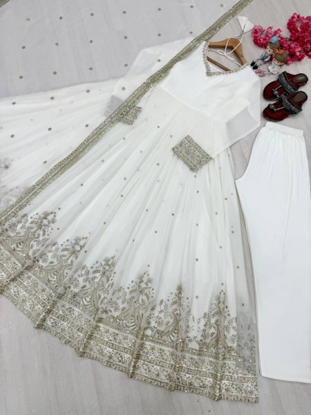 Unique Black Faux Georgette Embroidered Gown with Dupatta and Bottom For Festival Ready To Wear Collection